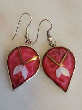 Vintage Mexican Alpaca Silver Abalone Shell Dangle Earrings